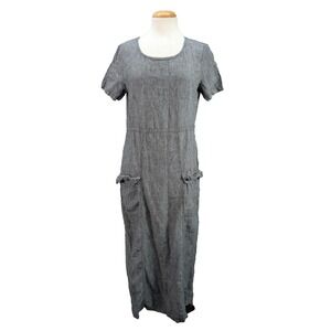 Match Linen Maxi Shirt Dress Tunic‎ Lagenlook Boho Sz M Gray Pockets Made In USA